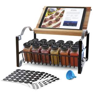 Organisateur d'épices à 3 niveaux avec plateau en bambou, <span class=keywords><strong>support</strong></span> pour <span class=keywords><strong>tablette</strong></span>, 18 bocaux à épices et ensemble d'entonnoirs pour <span class=keywords><strong>armoire</strong></span> de cuisine, comptoir - Product Image 1