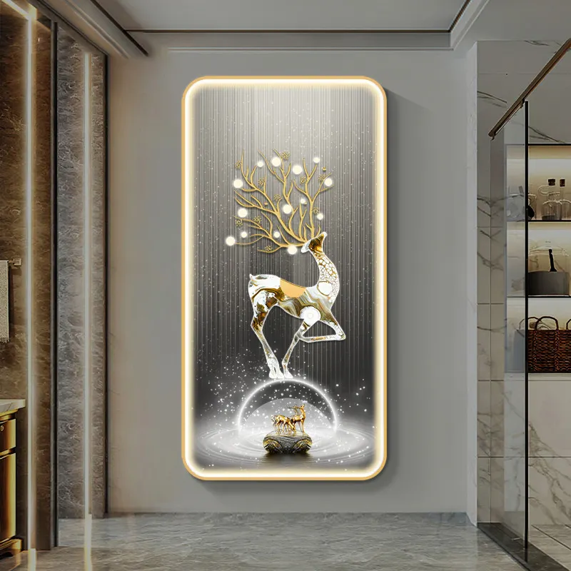2023新しいエントリーポーチ装飾モダンなLEDライト豪華な壁の写真クリスタル磁器ライトランプ絵画ガラス用