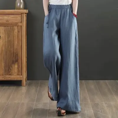 Women 2023 Summer Cotton Linen Pants Women Lace Up Ankle Loose Casual Baggy Pants With Elastic Waist Wide Trousers