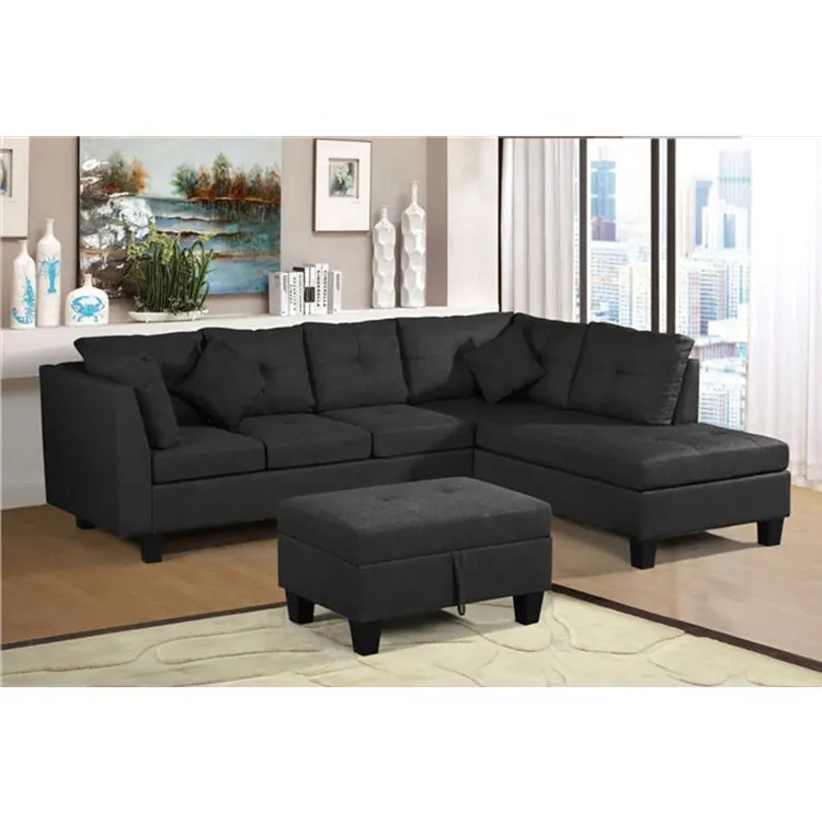 Conjunto de sofá profissional, conjunto de sofá moderno preto para sala de estar, 4 lugares com ottoman de armazenamento