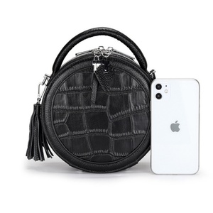 Sac à main pochette en cuir véritable pour femme, motif crocodile, avec fermeture ouverte, sac rond à bandoulière tendance pour femme - Product Image 2