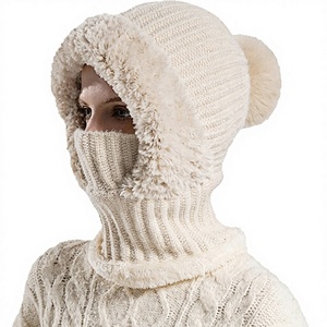 Ensemble <span class=keywords><strong>bonnet</strong></span> jacquard tricoté pour <span class=keywords><strong>femme</strong></span>, doublé polaire, <span class=keywords><strong>avec</strong></span> écharpe et masque intégrés, bonnets d'hiver en peluche <span class=keywords><strong>avec</strong></span> cache-oreilles et pompon, lavage à la main uniquement - Product Image 1