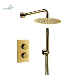 Luxury Gold Thermostatic Shower Faucet Flush Mount Rain Shower System Combo Set with Hand Shower