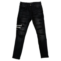 Jean slim déchiré noir pour homme style hip-hop, denim vintage délavé avec broderie lettres métalliques, coupe slim tendance