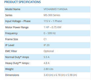 Variador de Frecuencia Monofásico de 0.75KW 115V VFD4A8MS11ANSAA Serie MS300 - Product Image 2