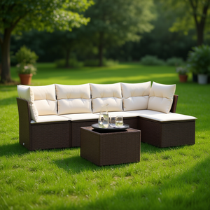 Ensemble de canapés de jardin en rotin brun avec coussins crème, mobilier d'extérieur au design contemporain, résistant à l'eau et aux UV, en rotin PE - Product Image 2