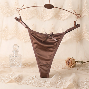 Culottes string en satin pour femmes, avec joli nœud, bretelles fines réglables, taille basse, lingerie T-back, couleur unie, ultra-fines, en soie glacée, OEM ODM - Product Image 1