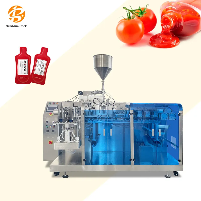 Riempimento orizzontale automatico del sacchetto della chiusura lampo in piedi per la piccola macchina imballatrice per l'imballaggio dell'olio di peperoncino liquido del sacchetto della salsa del concentrato di pomodoro