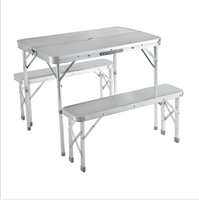 Nouvelle table de pique-nique pliable en aluminium portable pour l'extérieur, vente en gros, logo personnalisé, tables pliables avec 2 sièges de banc