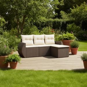 Set Divano da Giardino in Rattan Marrone e Crema con Cuscini in Schiuma ad Alta Densità, Arredamento da Esterno dal Design Contemporaneo Impermeabile - Product Image 2