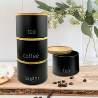 Tabung dapur wadah penyimpanan pot mangkuk logam hitam kaleng kopi teh gula dengan tutup kayu kedap udara