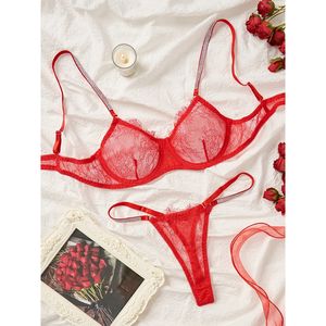 Hochwertige zeigt Brustwarzen Transparent Sheer Sexy Girls Red Bikini Dessous 2 Stück Spitze BHs Set - Product Image 6