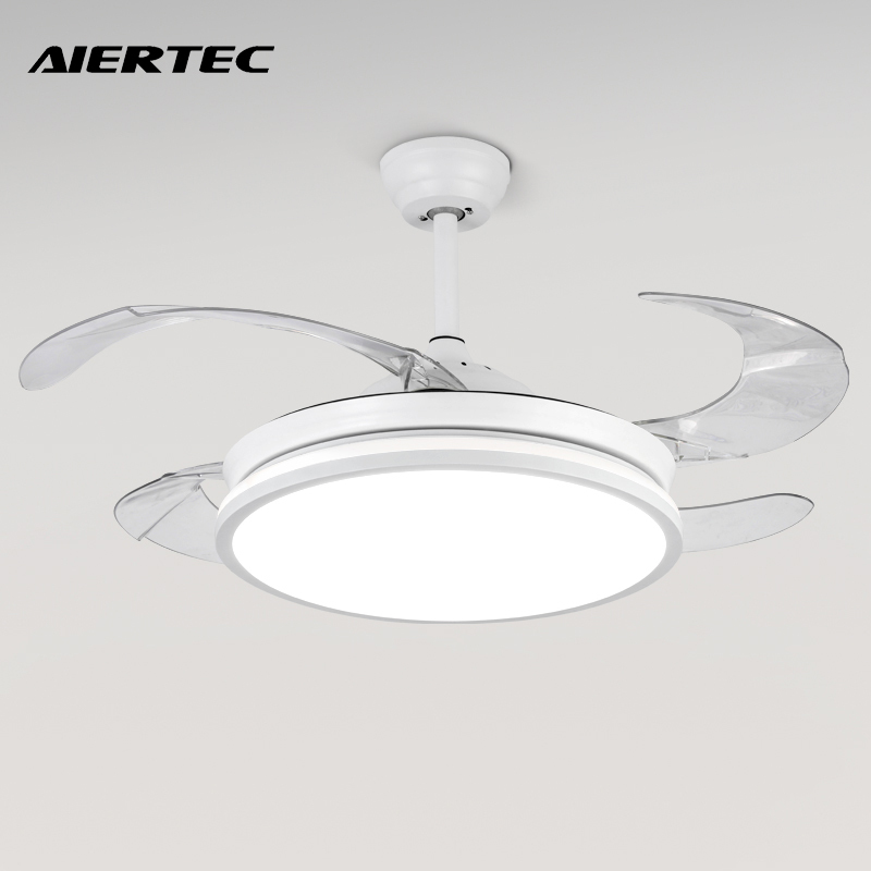 Indoor Lamps 42 Inch Silver Color 4 Blades Iron Round Remote Control Retractable Chandelier Ceiling Fan with Light