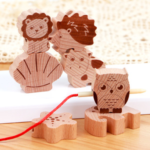 Nouveaux jouets éducatifs en bois pour enfants : grands blocs d'animaux 3D en hêtre, perles à enfiler, jeux de cordes pour enfants - Product Image 3