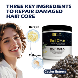 Masque capillaire Wiseking <span class=keywords><strong>Gold</strong></span> <span class=keywords><strong>Caviar</strong></span> 500 ml Contient de la kératine pour les cheveux ternes Nourrissant en profondeur et réparateur Hydratant Salon personnalisé Spa - Product Image 2