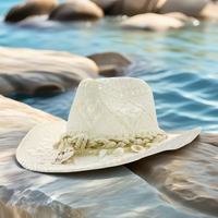 Chapeaux de cowboy en paille blanche personnalisés en gros avec corde en coquillage, style bohème, pour la plage, les vacances d'été et les fêtes pour adultes