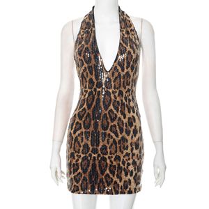 <strong>Summer</strong> 2025 Women <strong>Sexy</strong> Sleeveless Leopard Print <strong>Bodycon</strong> <strong>Dress</strong> Party Club Halter Slim <strong>Sequin</strong> Mini <strong>Dress</strong> - Product Image 2