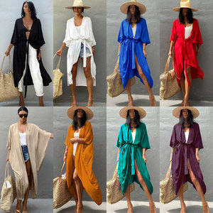 STOCK 8Colors With Belt Loose <strong>Kimono</strong> Maxi Jacket Beach <strong>Cover</strong> <strong>up</strong> Tunic ONE SIZE - Product Image 1
