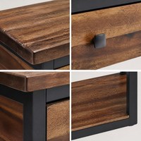 Console industrielle moderne avec deux tiroirs, finition bois, étagère de rangement pour entrée, idéale pour salon familial et usage hôtelier