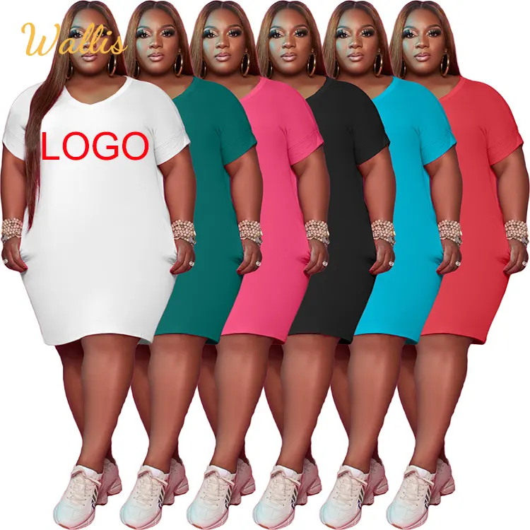 Marka özel Logo 5xl artı boyutu kadın giyim kısa kollu ince elbise klasik moda bayanlar Casual T gömlek büyük boy elbiseler