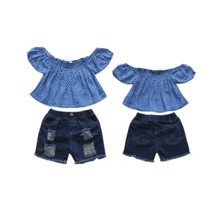 Toddler Kids Girls Summer Outfits Off Shoulder T-shirt Ripped Denim Shorts Sets