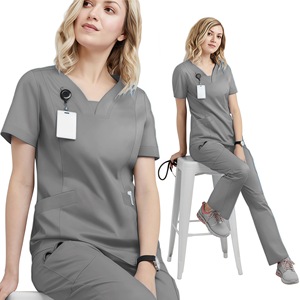 Women's <b>Scrub</b> Set <b>Blue</b> V-Neck Short Sleeve Hospital Uniform Moisture Wicking Split Design For Medical Dental Work - Product Image 5