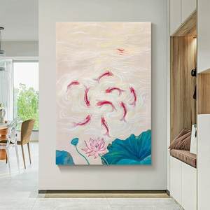 Nuova pittura a olio di pesce Koi dipinta a mano cinese astratta nove <span class=keywords><strong>disegni</strong></span> blu soggiorno trama decorativa tela moderna - Product Image 4