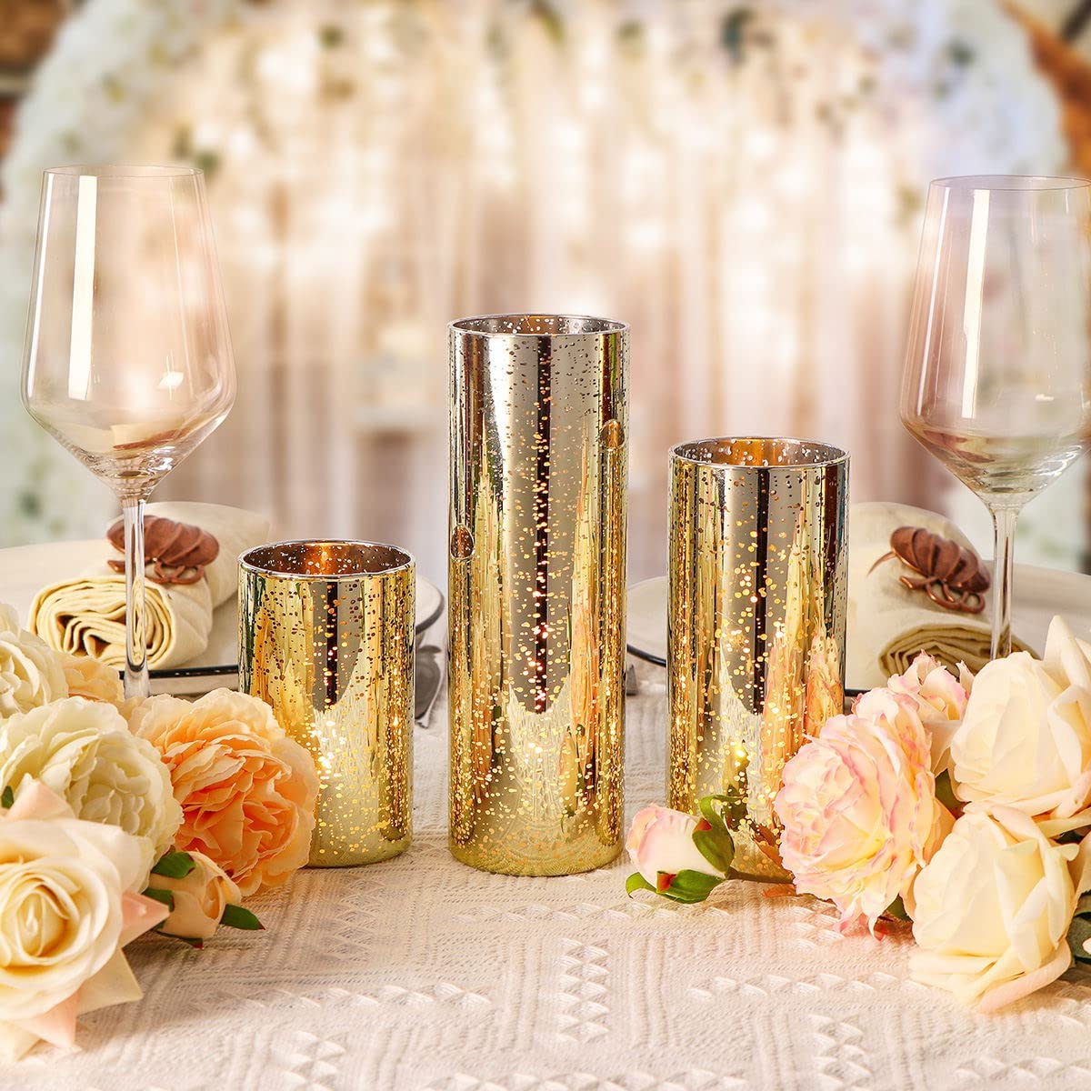 Gold Pillar Candle Holders (D:2.2'') Mercury Glass Candle Holder 3pcs, Gold Wedding Centerpieces Cylinder Glass Vase
