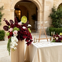 Panneau de bienvenue, Bouquet de fleurs artificielles, Amaranthe blanche, Roses rose clair, Hortensia vert, Centre de table pour mariage