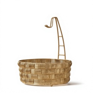 Panier de rangement moderne en fil doré tressé, avec poignée centrale haute, bol en métal ouvert, support de table de cuisine - Product Image 1