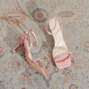 Sandalias de Tacón Alto con Punta Cuadrada de Charol Rosa, con Correa de Tobillo con Pedrería, Tacón de Aguja, Zapatos de Moda de Verano - Product Image 4
