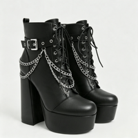 Bottines noires à plateforme pour femmes, bout rond, lacets, chaîne métallique, boucle, talon bloc épais, fermeture éclair arrière, style gothique punk