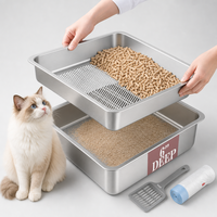 Kotak Pasir Kucing XL Double-Deck 201 Stainless Steel dengan Baki Penyaring, 60x40x15cm Toilet Logam 2-Lapisan Mudah Dibersihkan Tanpa Pasir Terangkat