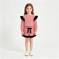 Ensemble 2 pièces personnalisé pour filles, haut à manches longues à volants sur les épaules et short à volants avec nœud, couleur contrastante, vêtements pour enfants