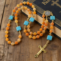 Chapelet Catholique Perles en Pierre Naturelle Collier Crucifix Bijoux de Prière Religieux Accessoire de Bijouterie Chrétienne