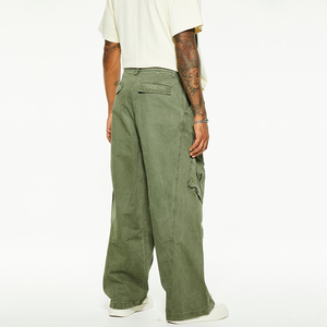 Logo personnalisé rétro avec poche jambe large <span class=keywords><strong>toile</strong></span> jean droit motif plat avant taille moyenne pantalon cargo pour hommes - Product Image 3