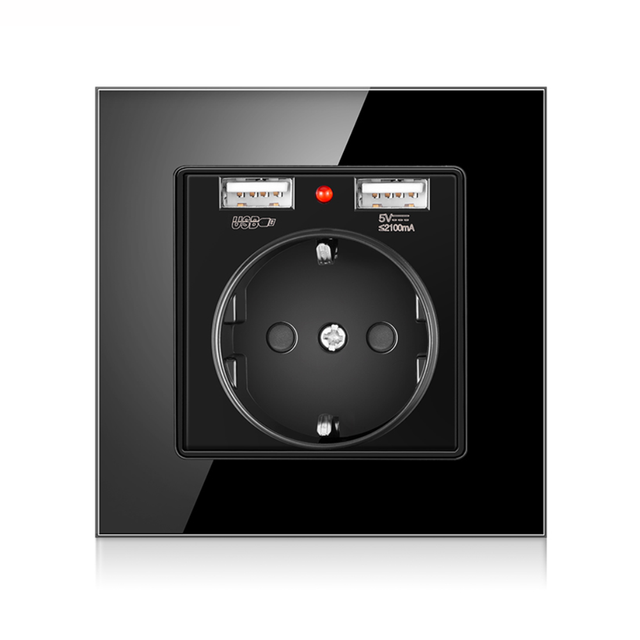 SIXWGH German Standard 86 Style Glass Panel USB Wall Socket Electronic Power Plug with Double USB Outlet Max. 16A Current