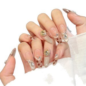 Faux ongles longs ovales imprimé léopard marron nude, 10 pièces, faits <span class=keywords><strong>main</strong></span>, avec paillettes, papillon 3D en cristal ambré et strass, à presser - Product Image 4