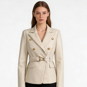 Elegante <span class=keywords><strong>Giacca</strong></span> Doppiopetto da Donna in <span class=keywords><strong>Pelle</strong></span> <span class=keywords><strong>Beige</strong></span>, <span class=keywords><strong>Giacca</strong></span> in <span class=keywords><strong>Pelle</strong></span> Personalizzata alla Moda - Product Image 2
