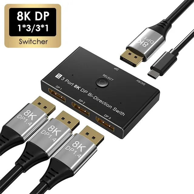 8K 60Hz Bi-Directional DisplayPort Adapter 1x3/3x1 3 Port DP 1.4 Converter Switcher Video Splitters Converters for Multiple