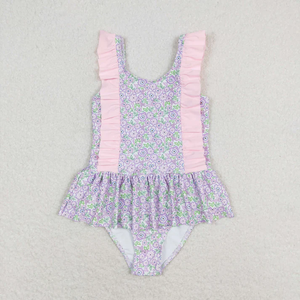 Maillots de bain d'été en gros pour petites filles, imprimé floral, sans manches, à volants, pour enfants - Product Image 5