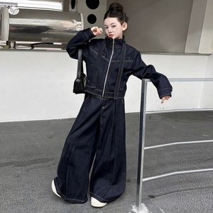 Completo in denim 2 pezzi per <span class=keywords><strong>ragazze</strong></span> 2026 Primavera Autunno: Giacca con nastro e pantaloni a gamba larga per adolescenti e studentesse - Product Image 2
