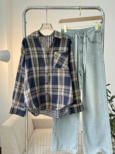 A766 Trendy <b>Women</b>_s Plaid <b>Shirt</b> – Soft, Cool, Dual-Layer Linen Blend Button Down <b>Loose</b> Casual Autumn Top with Pocket - Product Image 4