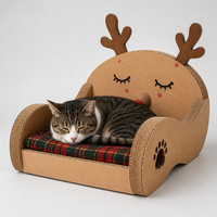Chaise longue pour chat en carton ondulé, motif renne, avec coussin à carreaux, bois de renne et découpe en forme de patte