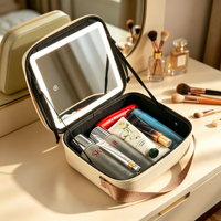 Trousse de Maquillage de Voyage Écologique à Fermeture Éclair avec Miroir LED Amovible et Boîte de Rangement