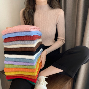 Women's High Neck Long Sleeve Knit Sweater Slim Fit Solid Color One Size Fits All Autumn Inner <b>Layer</b> Candy <b>Top</b> - Product Image 1