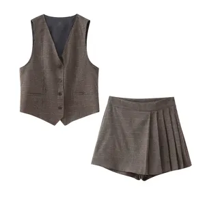 V neck plaid pattern single breasted casual fashion vest waistcoat for women