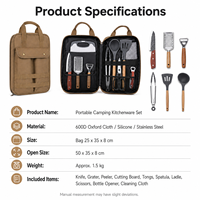 Ensemble de cuisine de camping 11 pièces, kit d'ustensiles de cuisine portable pour l'extérieur avec sac de rangement, acier inoxydable, silicone, randonnée, pique-nique