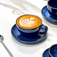 Tasses et soucoupes à café en porcelaine bleue glaçure réactive personnalisée tasse à espresso italienne vintage faite à la main avec soucoupe pour la fête