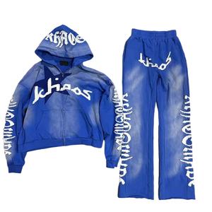 Conjunto de Sudadera con Capucha y Pantalones de Chándal para Hombre, Tallas Grandes, Estilo Vintage, Lavado Ácido, con Parches Desgastados y Diseño de Retazos, para Invierno - Product Image 2